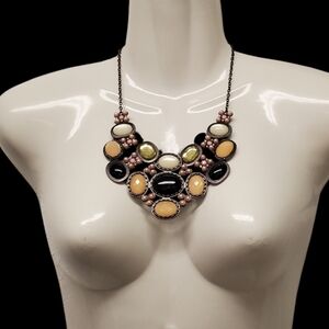 Gunmetal Statement Necklace with Faceted Rhinestones 18" Earth Colors Adjustable